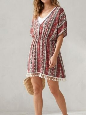 NEW! SHEIN Boho Paisley Floral V-Neck Tassel Hem Tunic Beach Dress Red White 1XL